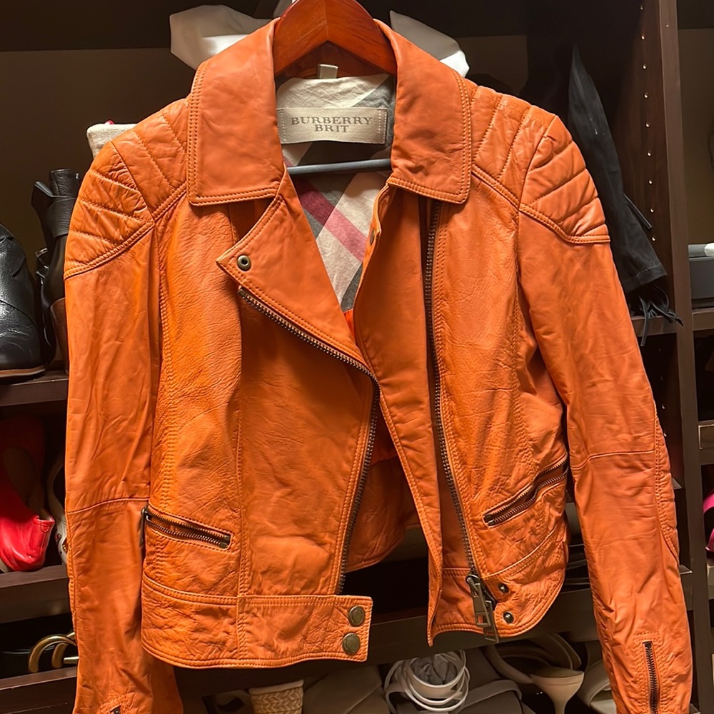 Burberry Brit orange bike style leather jacket